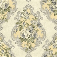 Beige, Cream, Green, Silver & Grey Damask Commercial Wallcovering