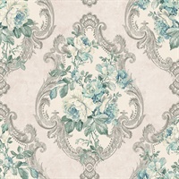 Beige, Cream, Silver & Turquoise Damask Commercial Wallcovering