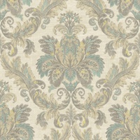 Beige, Grey & Turquoise Damask Commercial Wallcovering