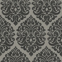 Black, Grey & Metallic Silver Damask Commercial Wallcovering