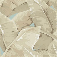 Blue, Brown & Beige Commercial Large Tropical Leaf Wallcovering