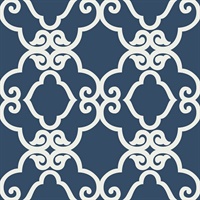 Blue & White Commercial Scroll Trellis Wallcovering