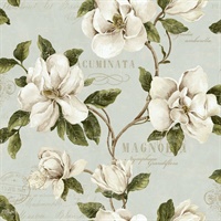 Brown, Green, White & Grey Commercial Magnolia Floral Wallcovering