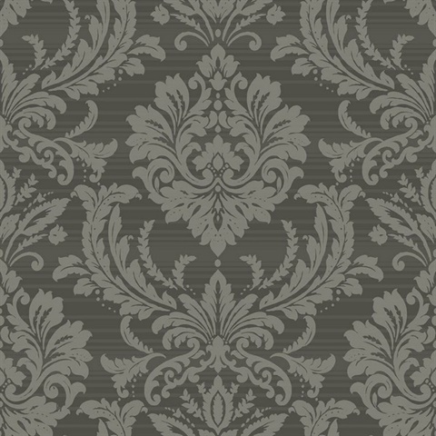Charcoal Black Grey Commercial Damask Wallpaper Black