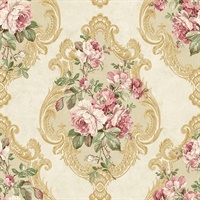 Cream, Green, Pink & Beige Damask Commercial Wallcovering