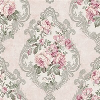 Cream, Grey, Green, Silver & Pink Damask Commercial Wallcovering