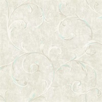 Cream, Turquoise & Grey Damask Commercial Wallcovering