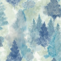 Green, Cream & Sky Blue Commercial Watercolor Tree Forest Wallcovering