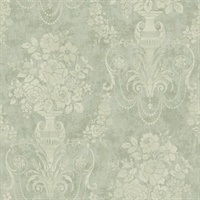 Green & Off White Damask Commercial Wallcovering