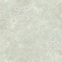 Green & Off White Damask Commercial Wallcovering