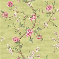 Green & Pink Commercial Peony Floral Wallcovering