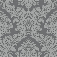 Grey & Metallic Silver Damask Commercial Wallcovering