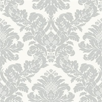 Grey, Metallic Silver & Off White Damask Commercial Wallcovering