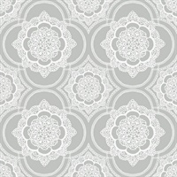 Grey & White Commercial Lace Medallion Wallcovering