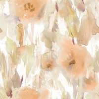 Metallic Gold, Orange & Tan Commercial Watercolor Floral Wallcovering