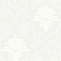 Metallic Silver & White Damask Commercial Wallcovering