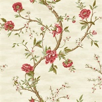 Silver, Gold, Green & Red Commercial Peony Floral Wallcovering