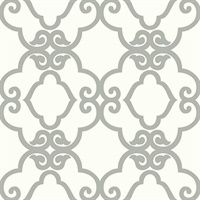 Silver & White Commercial Scroll Trellis Wallcovering