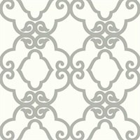 Silver & White Commercial Scroll Trellis Wallcovering