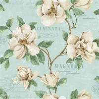 Sky blue, Brown, Cream & Green Commercial Magnolia Floral Wallcovering