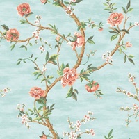 Sky Blue, Brown, Green & Orange Commercial Peony Floral Wallcovering