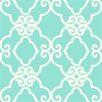 Turquoise & White Commercial Scroll Trellis Wallcovering