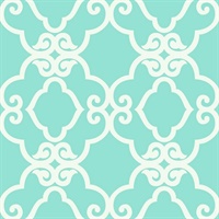 Turquoise & White Commercial Scroll Trellis Wallcovering