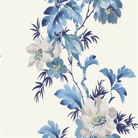 White & Blue Commercial Flower Stripe Wallcovering