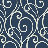 White & Blue Commercial Modern Scroll Wallcovering