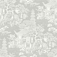 White & Silver Commercial Oriental Scenic Wallcovering