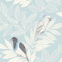 White & Sky Blue Commercial Floral & Birds Wallcovering